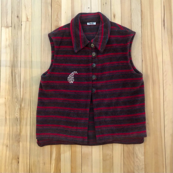 Hand Embroidered Paisley Leaf on Pre-loved Striped Sleeveless Vest - Sz S - Picture 1 of 6